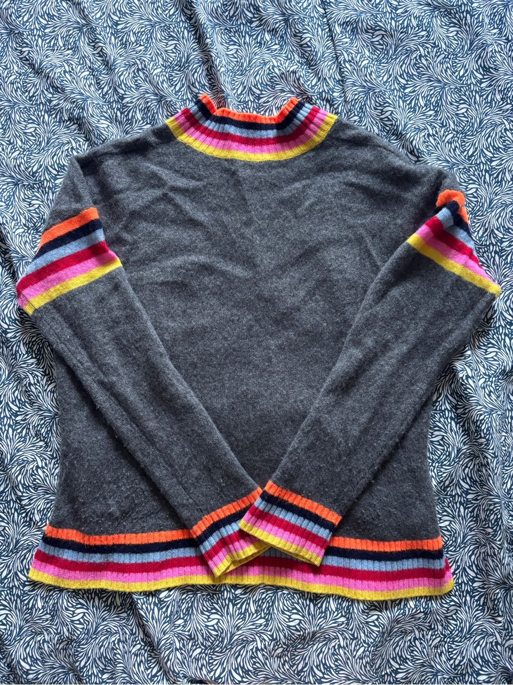Bloomingdale's Charcoal Gray Turtleneck Sweater with Bright Stripe Trim